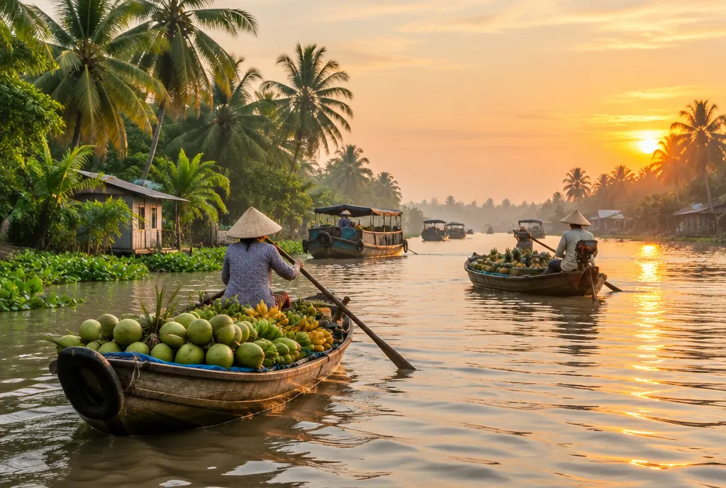 Boats on a river lined with coconut palms in Cần Thơ