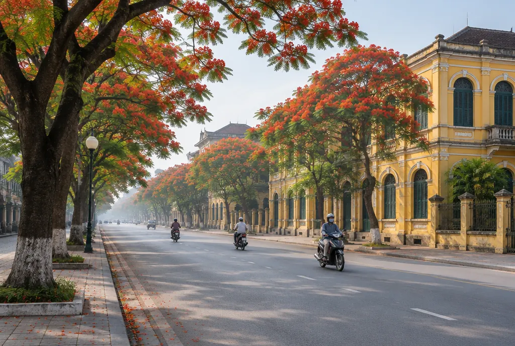 A tree-lined street in Hai Phong with red flame trees in bloom