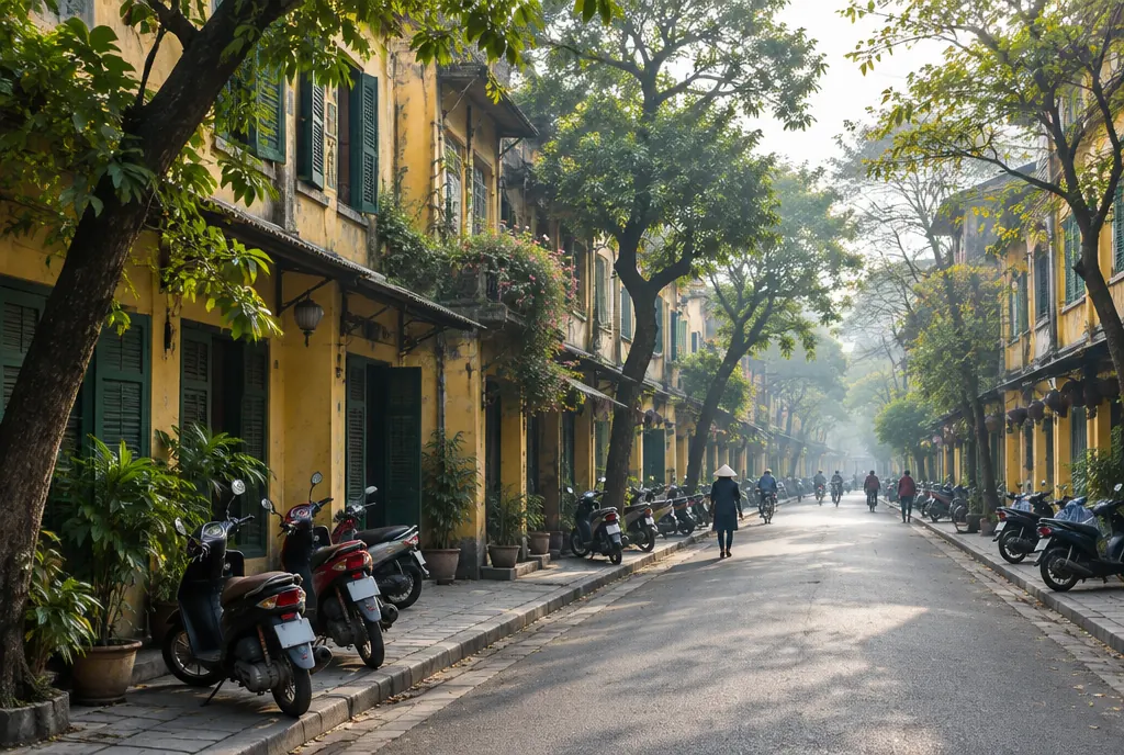 A street of yellow shophouses with green shutters in Hanoi