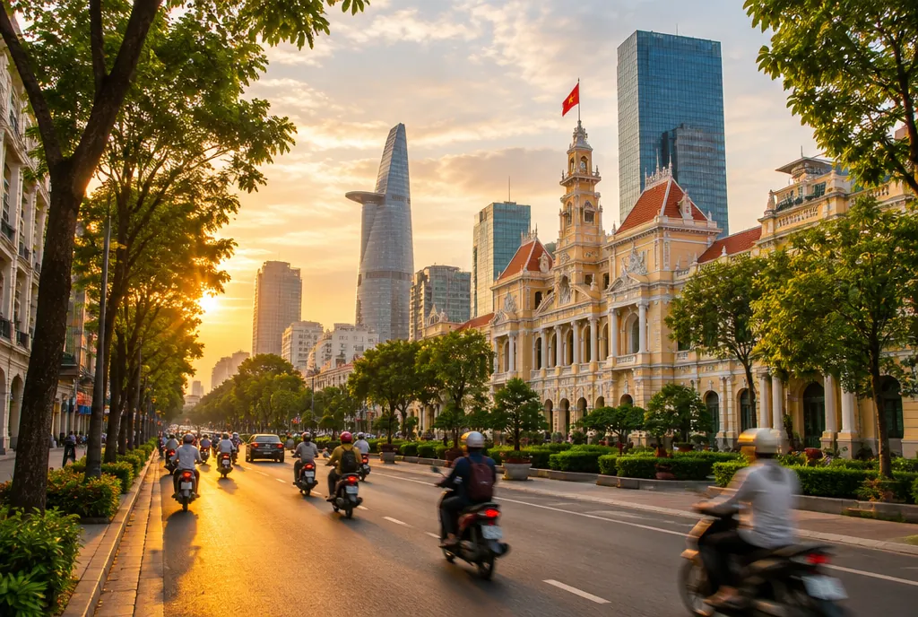 Tree-lined boulevard in central Ho Chi Minh City at sunset