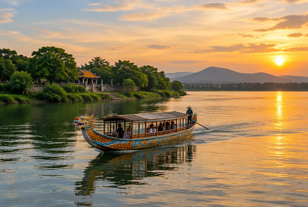 A traditional boat on the Perfume River in Huế at sunset