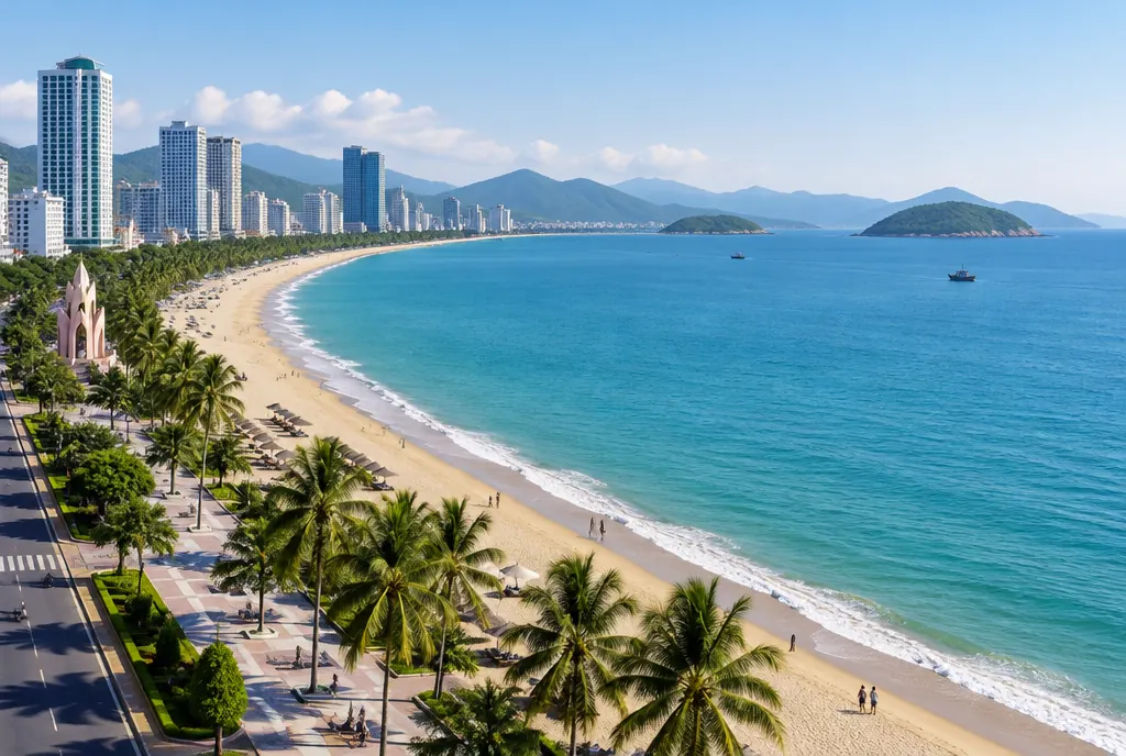 Nha Trang's curved beach and bay with islands in the distance