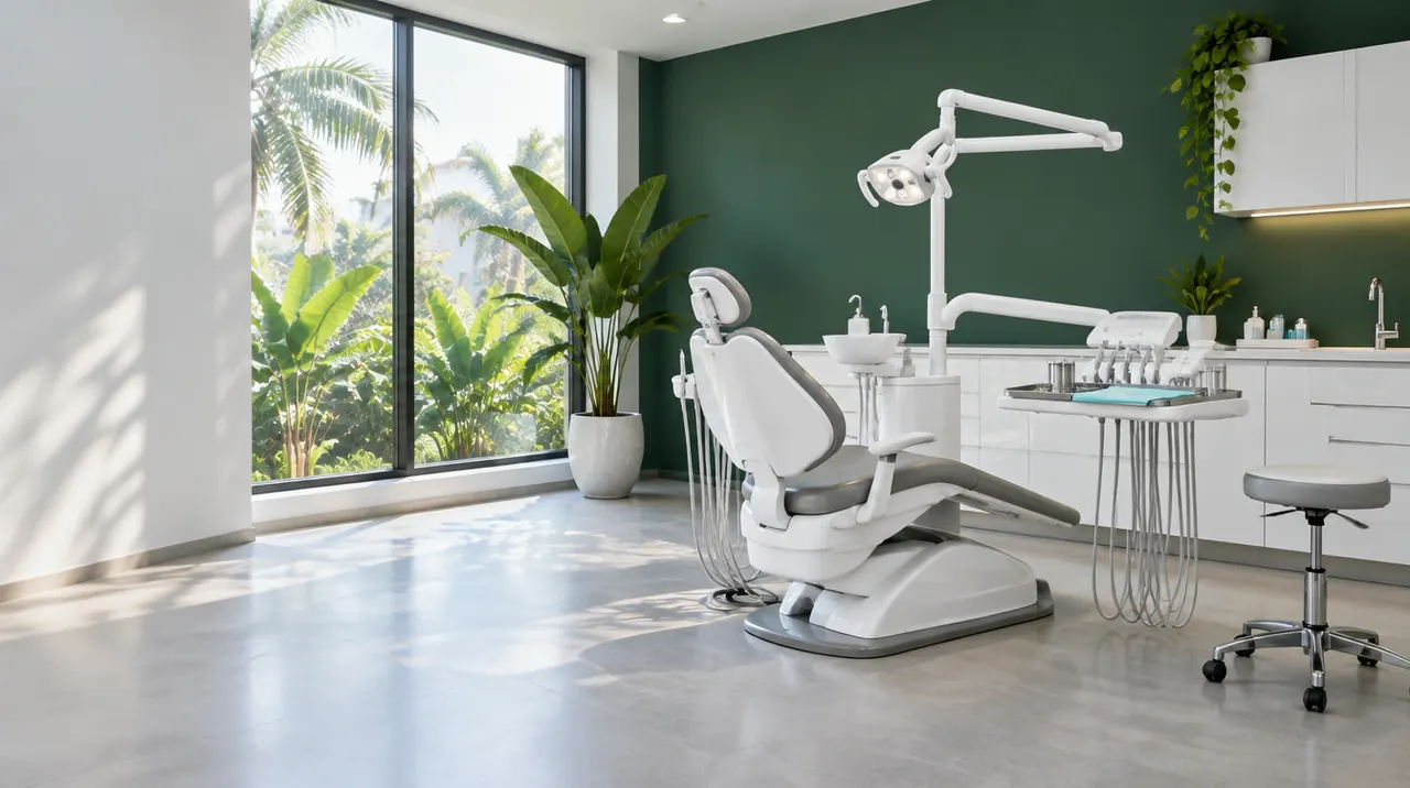 A bright dental treatment room with a deep green wall and a window onto tropical plants
